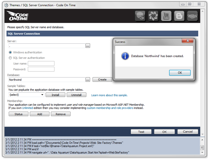 SQL Server Connection Page in Code On Time web app generator