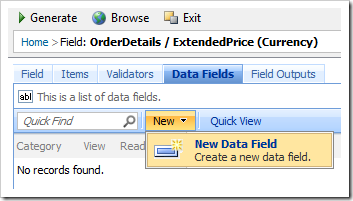 'New Data Field' option in Code On Time Designer