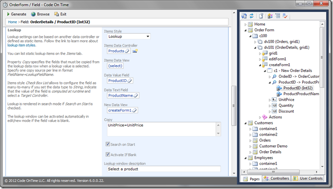 ProductID Lookup configuration in Code On Time Designer