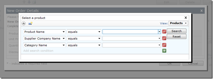 'Select a product' lookup in Code On Time web application
