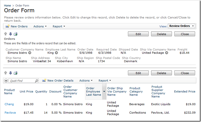 Order Form page with redundant fields and without aggregates
