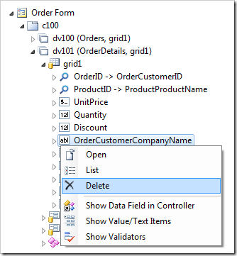 Delete option for data fields in Code On Time Designer
