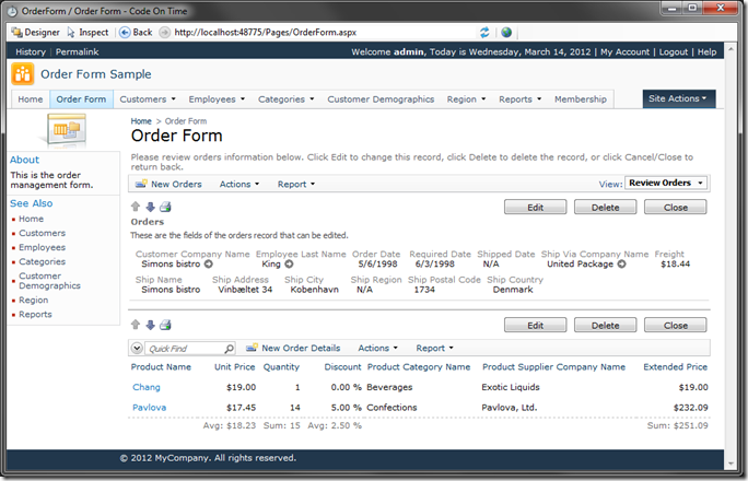 Order Form page with aggregates in Code On Time web application