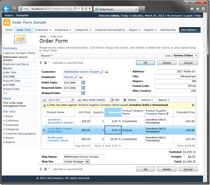 Customized version of the Order Form