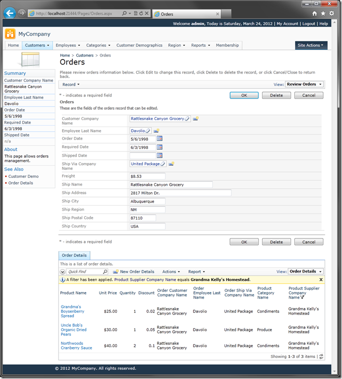 Baseline version of the Orders page