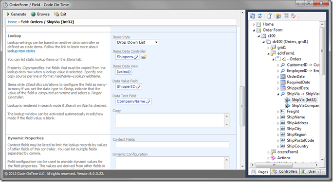Items Style 'Drop Down List' in Code On Time Designer