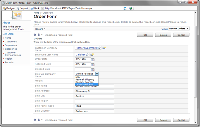 Ship Via Company Name data field as 'Drop Down List' in Code On Time Preview