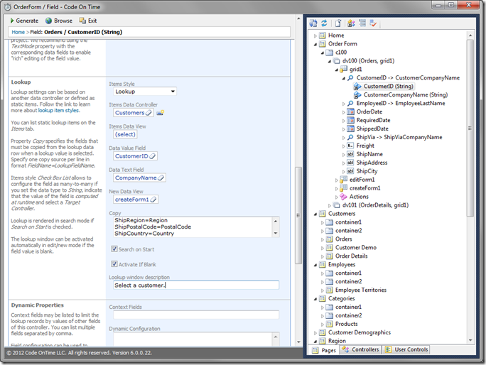 CustomerID Lookup configuration in Code On Time Designer CustomerID Lookup configuration in Code On Time Designer