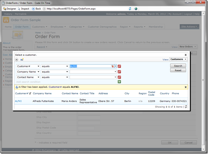 CustomerID Lookup showing filtering and advanced search in Code On Time Preview CustomerID Lookup showing filtering and advanced search in Code On Time Preview