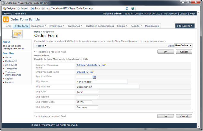 Shorter Order Form page in Code On Time Preview