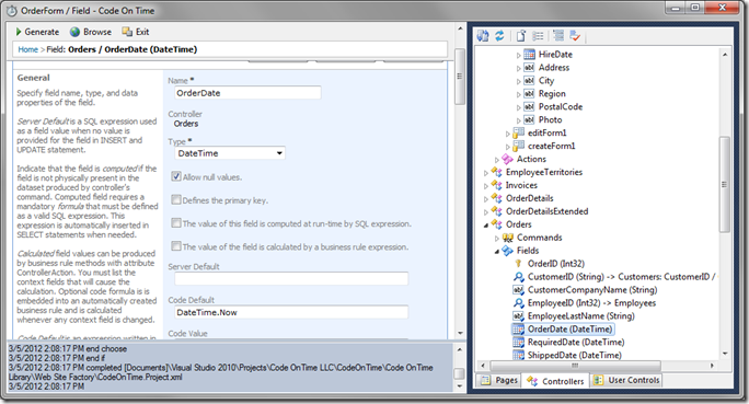 Setting Code Default for OrderDate field in Code On Time Designer