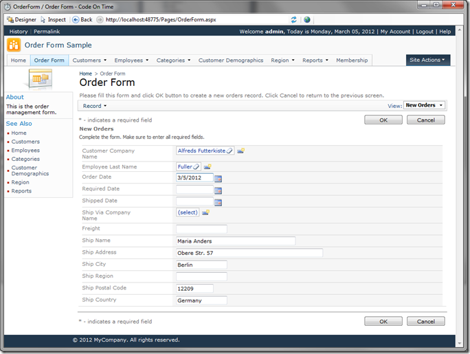 Current Date inserted in Order Date for the Order Form