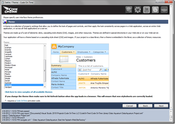 Vantage theme in Code On Time web application generator