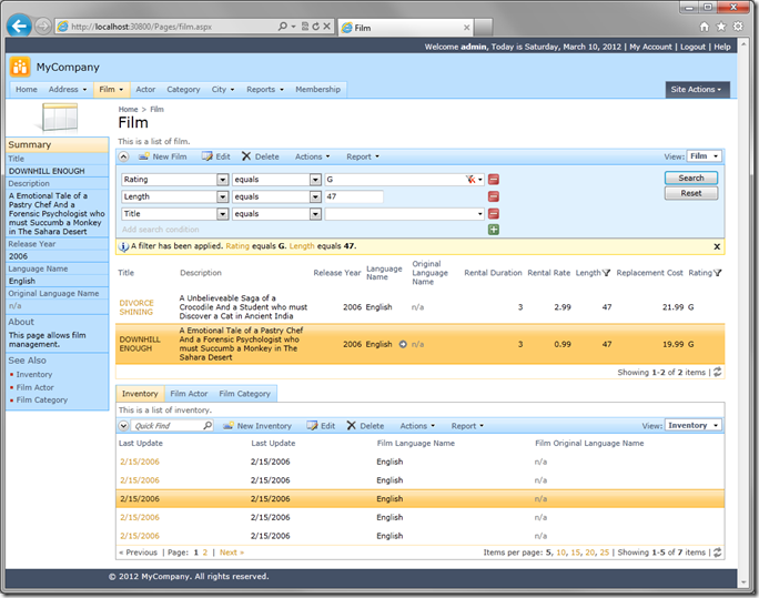 'Sakila' web application created with Code On Time