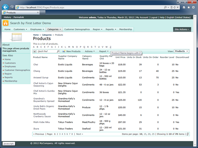 Data view with enabled 'Search by First Letter' feature in a Code On Time web application