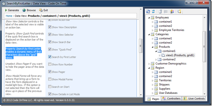 Property 'Search by First Letter' enabled in a data view