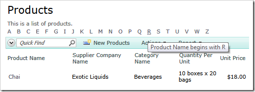 'Search by First Letter' is represented by a menu of first characters in the first searchable string data field of a data view.