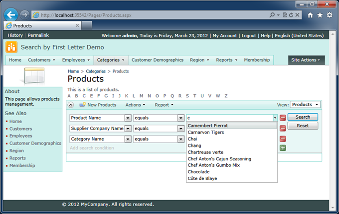 Enabling data view properties 'Search by First Letter' and 'Search on Start' will result in the following presentation when users arrive to the Products page.