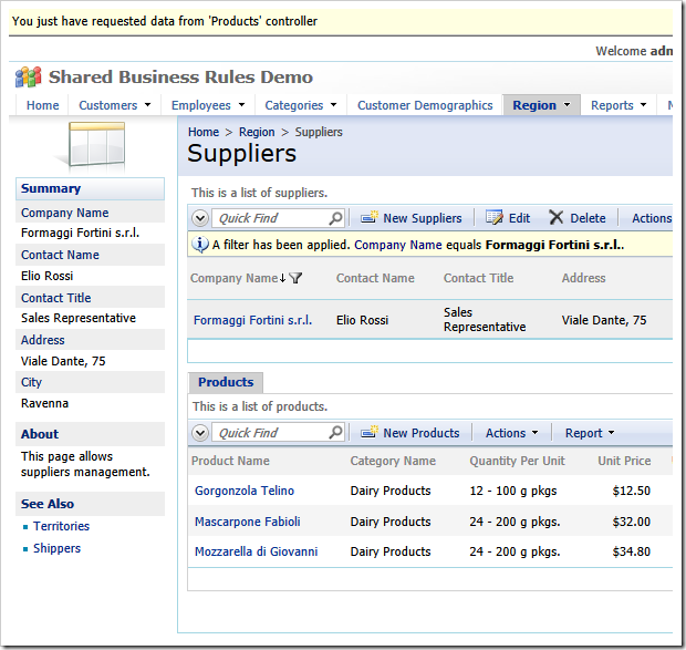 The message from the shared business rules is displayed when the child products are selected for the first time