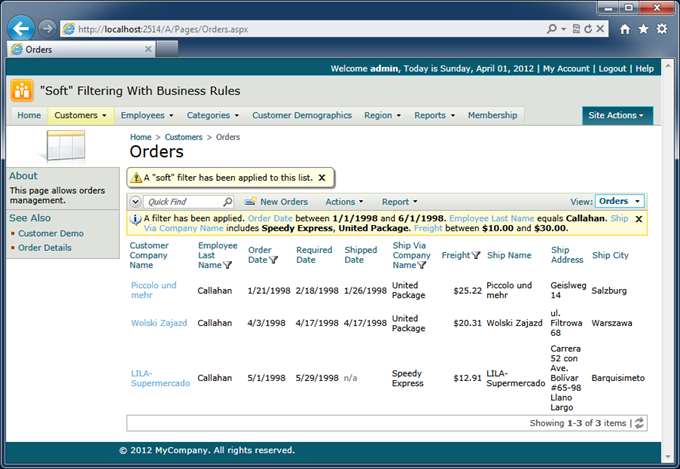 A list of orders with the 'soft' filtered applied in the business rules method