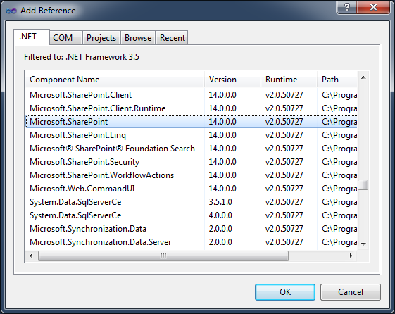 SharePoint assembly in 'Add Reference' window