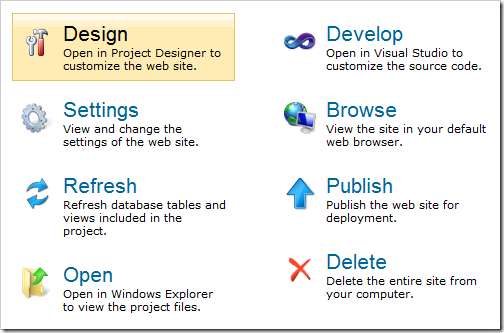 Project actions available in a Web Site Factory project created with Code On Time web application generator