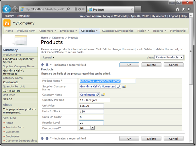 Default layout of 'editForm1' on Products page of Code On Time generated web application