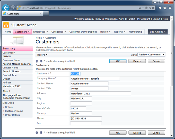 View 'editForm1' in the Customers data controller of the Northwind sample View 'editForm1' in the Customers data controller of the Northwind sample