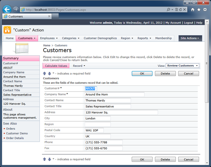 Custom action 'Calculate Values' on the action bar of a web app created with Code onTime application generator Custom action 'Calculate Values' on the action bar of a web app created with Code onTime application generator