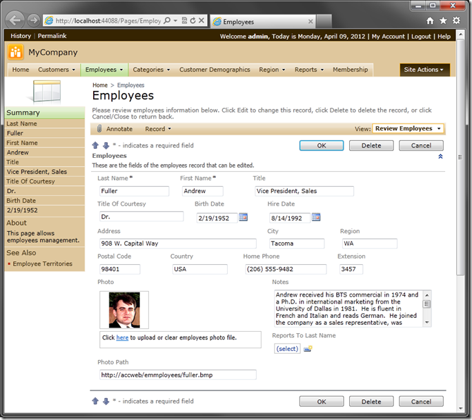 Employees category with Floating enabled in Code On Time web application