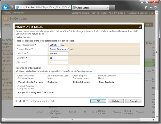 Order Details page with one floating category