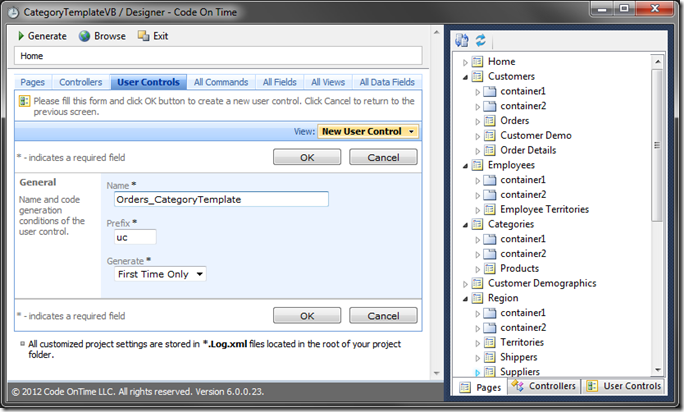 New user control 'Orders_CategoryTemplate' in Code On Time Designer