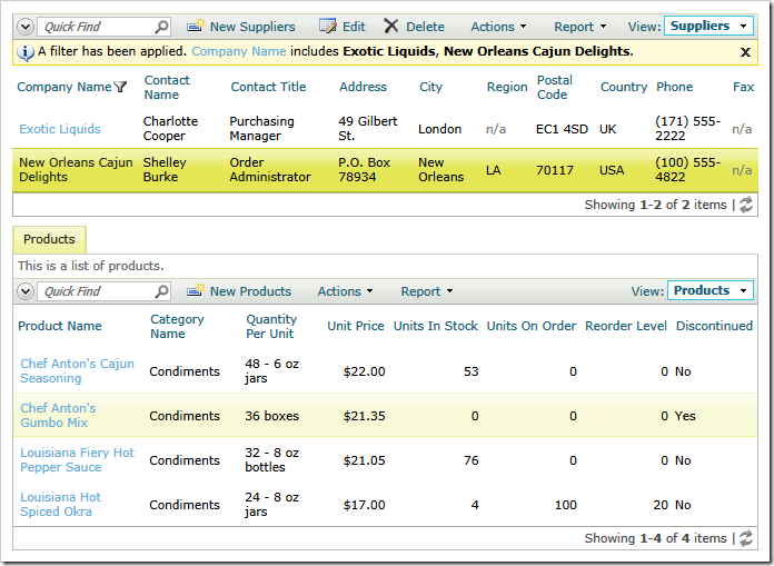 Master-detail relationship in the Northwind sample created with Code On Time web application generator