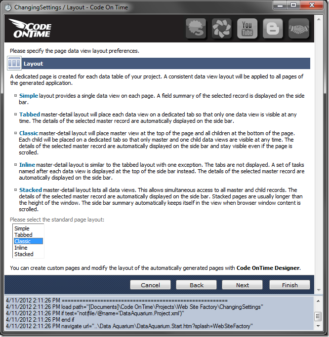 Layout page in Code On Time Project Wizard