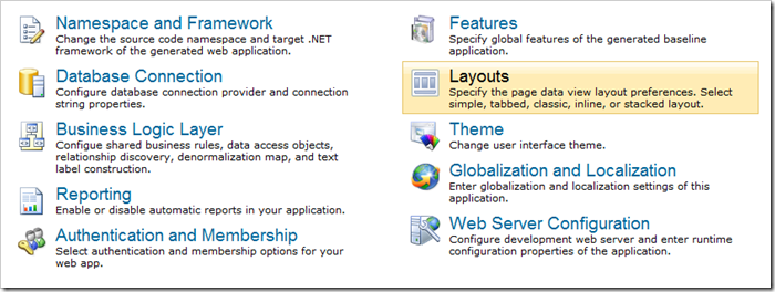 Layouts page under Settings in Code On Time web application generator