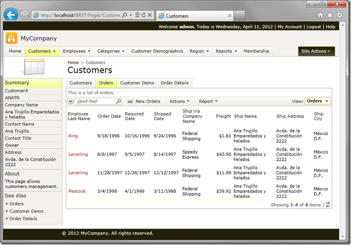 Customers page with Tabbed Layout in Code On Time web application 