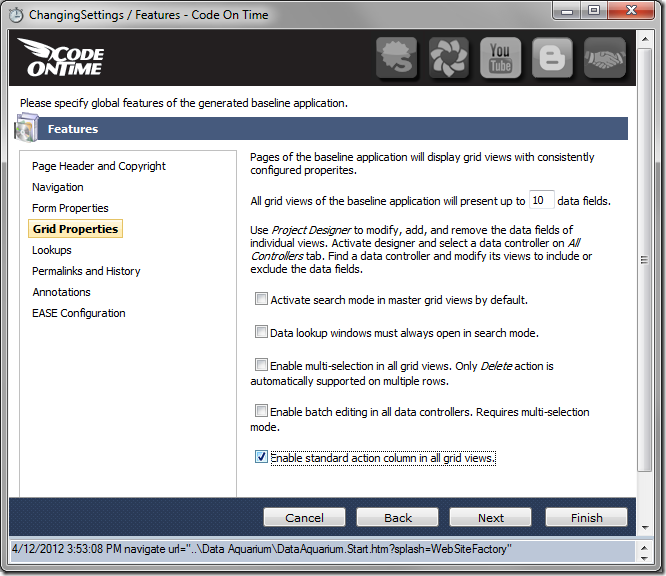 Features page of Code On Time Project Wizard with Standard Action Column property enabled