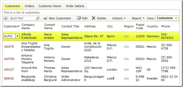 Customers grid view without Action Column in Code On Time web application