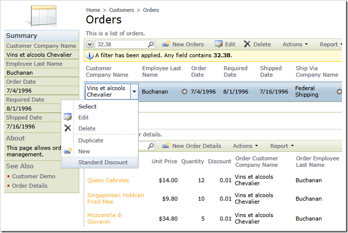 A custom action in the group with 'Grid' scope in a web app created with Code On Time application generator