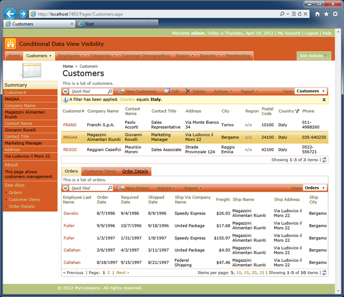 A classical master-detail layout in a Code On Time web application