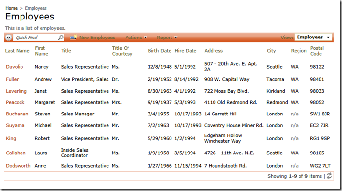 The master data view of employees in the Northwind sample created with Code On Time web application generator