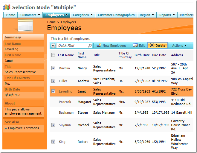 Employees data view with the 'Selection Mode' set to 'Multiple'.