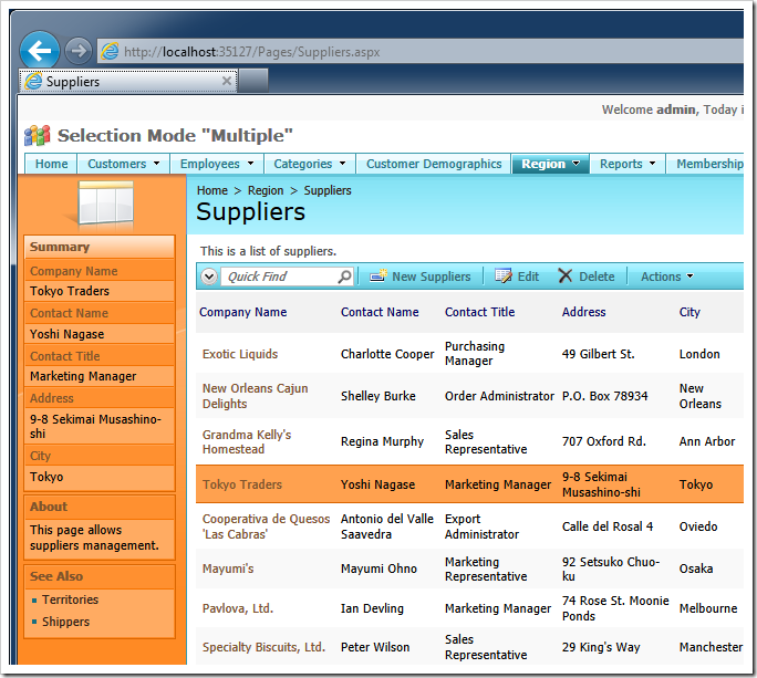 Data row 'Selection Mode' is set to 'Single' in the data view of suppliers in a Code On Time web application