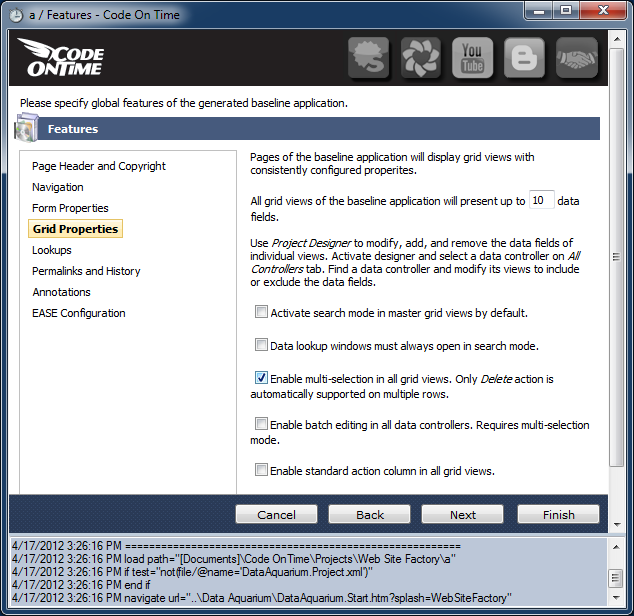 Enabling multiple row selection in all data views on a Code on Time web application