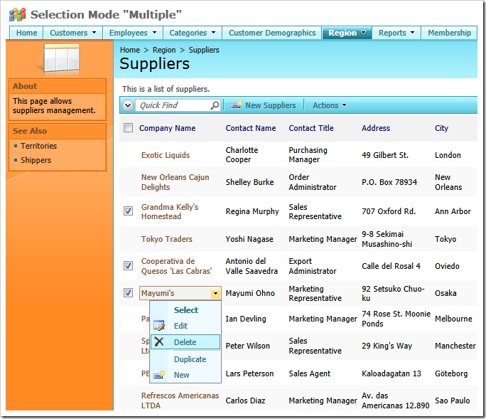 Multiple row selection mode enabled in a data view of a web app created with Code On Time web application generator