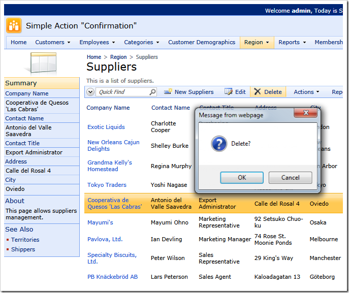 Standard simple confirmation is displayed when a user initiates 'Delete' action in a Code On Time web application