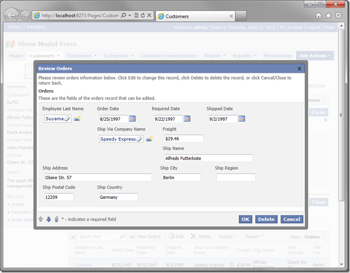 Orders child data view in modal form view in Code On Time web application