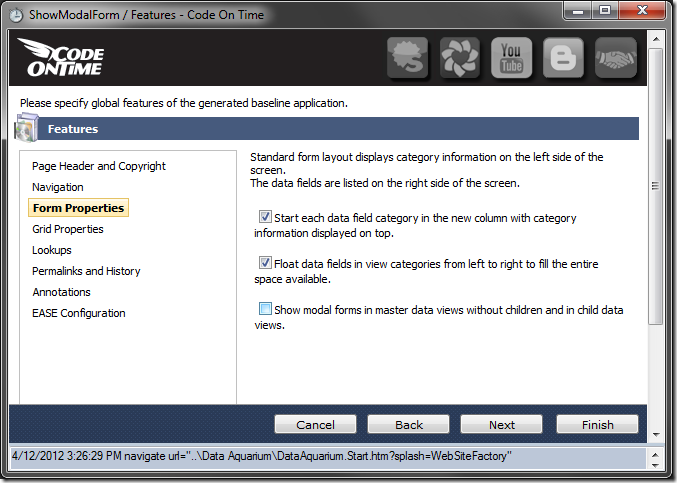 'Show modal forms in master data views without children and in child data views' property in Code On Time Project Wizard