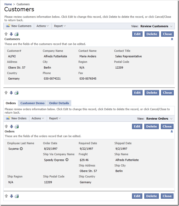 Master and child data view using inline form view in Code On Time web application