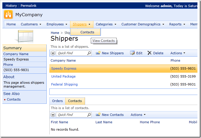 Contacts data view and page added to the baseline web application